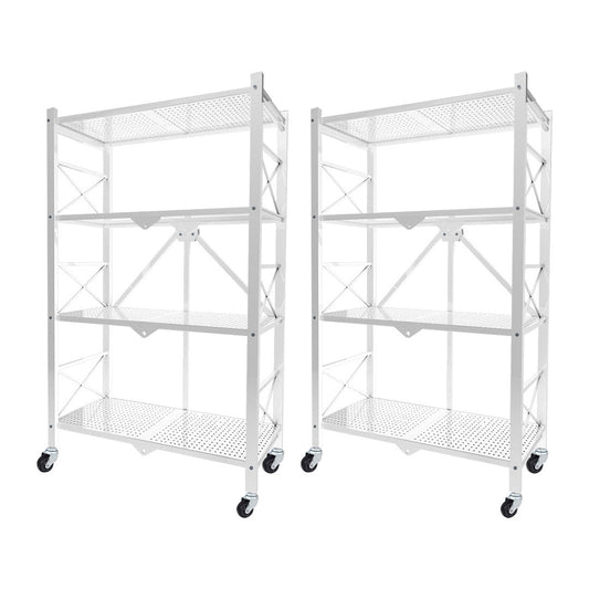 SOGA 2X 4 Tier Steel White Foldable Display Stand Multi-Functional Shelves Storage Organizer with Wheels