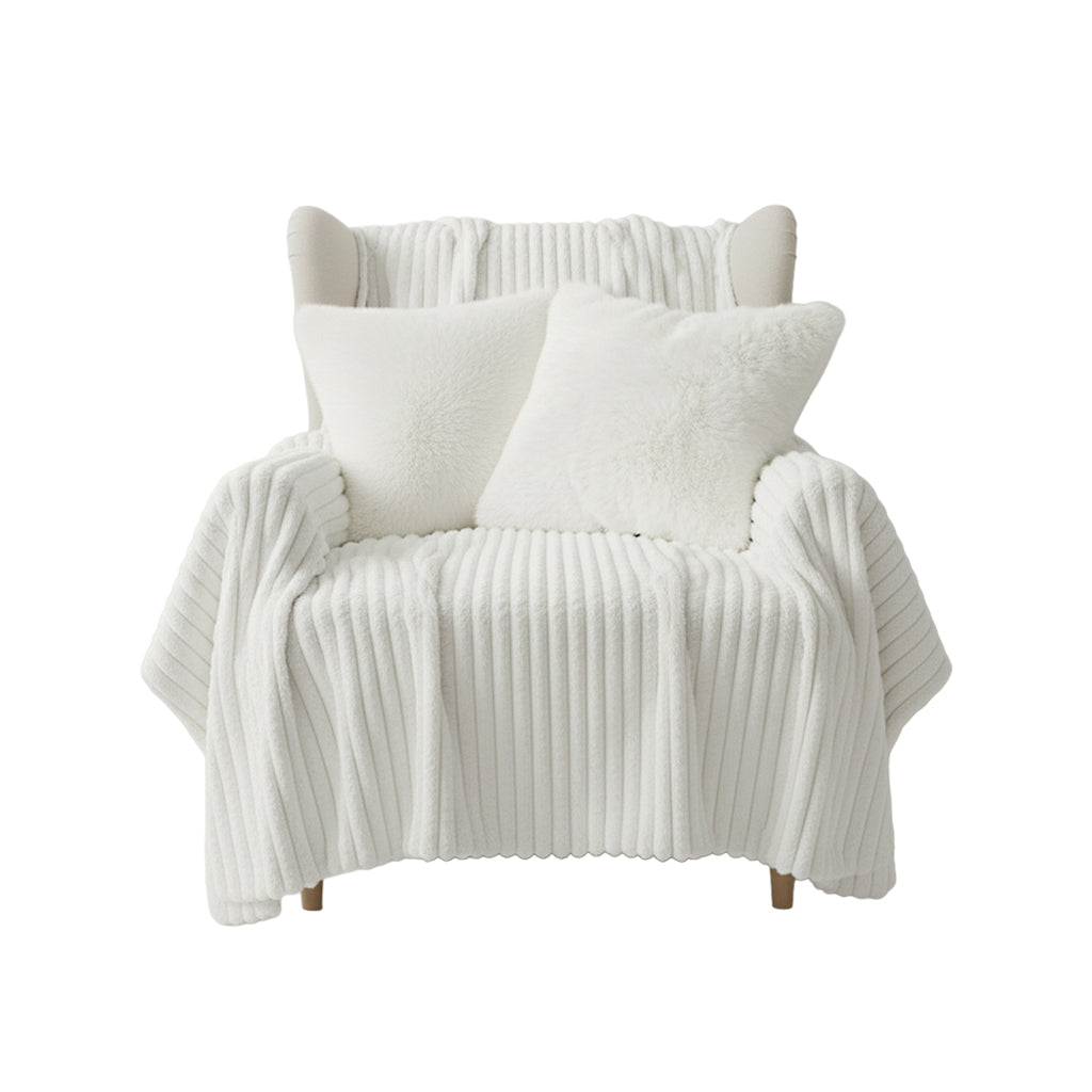 SOGA Home & Living Bundle – 2 White Rabbit Fur Pillow & Pearl White Velvet Throw Blanket