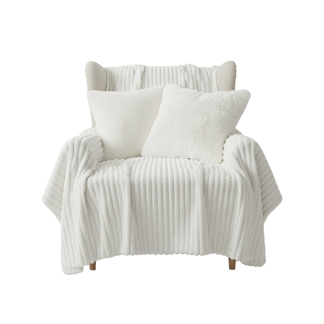 SOGA Home & Living Bundle – 2 White Rabbit Fur Pillow & Pearl White Velvet Throw Blanket