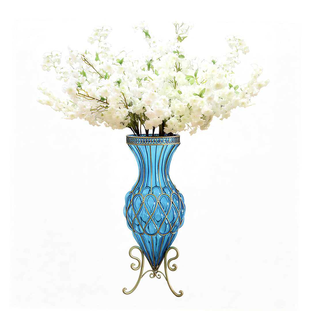 SOGA 67cm Blue Glass Tall Floor Vase with 10pcs White Artificial Fake Flower Set