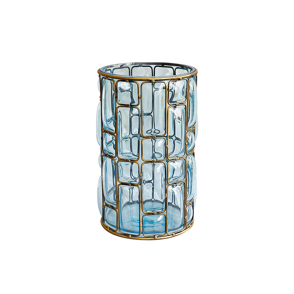SOGA Blue Colored European Glass Cylinder Flower Vase with Gold Metal Pattern