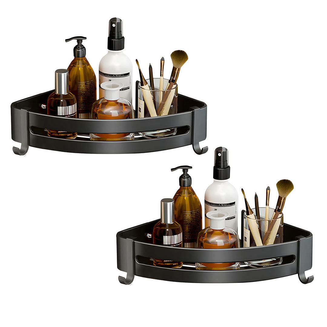 SOGA 2X Black Wall-Mounted Triangular Bathroom Storage Corner Vanity Organiser Space Saving Adhesive Shelf Rack with Hooks $ 68.90