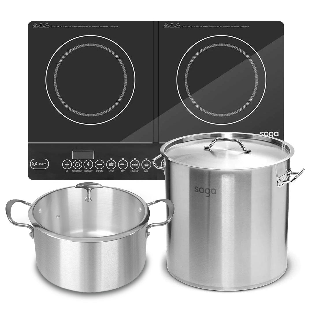 SOGA Dual Burners Cooktop Stove 17L Stainless Steel Stockpot 28cm and 28cm Induction Casserole $ 403.90