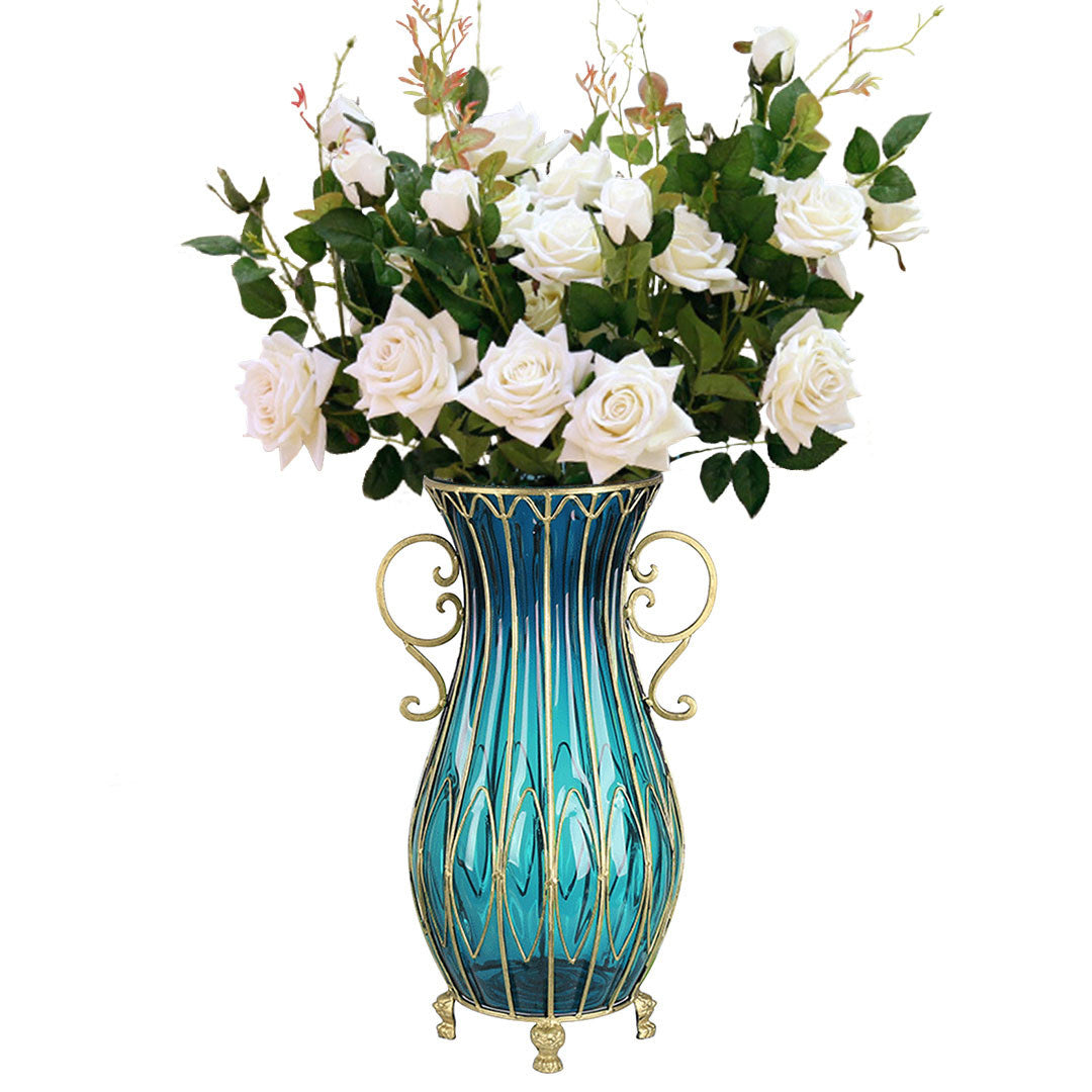 SOGA 51cm Blue Glass Tall Floor Vase with 12pcs White Artificial Fake Flower Set $ 466.90