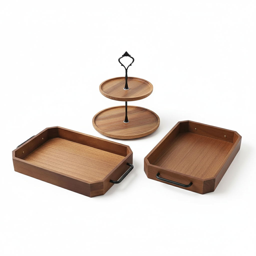 SOGA Kitchenware Bundle – 2 Paulownia Wood Serving Trays & 2-Tier Acacia Dessert Stand $ 132