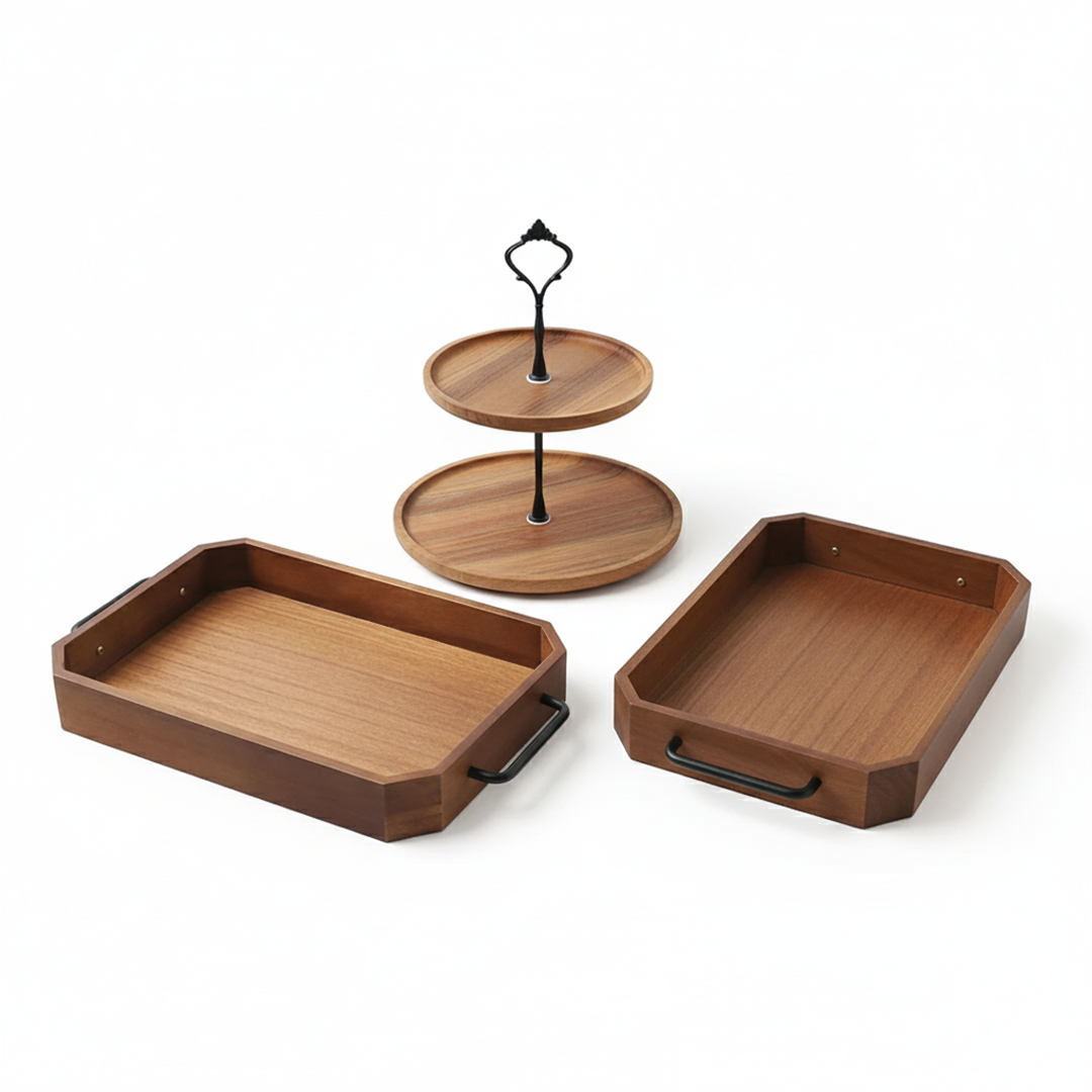 SOGA Kitchenware Bundle – 2 Paulownia Wood Serving Trays & 2-Tier Acacia Dessert Stand $ 132