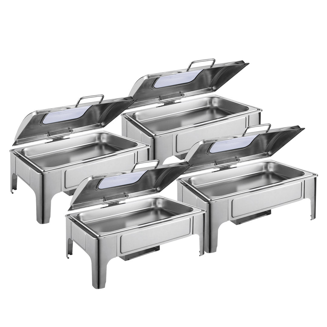 SOGA 4X 9L Rectangular Stainless Steel Soup Warmer Roll Top Chafer Chafing Dish Set with Glass Visual Window Lid $ 1570.50