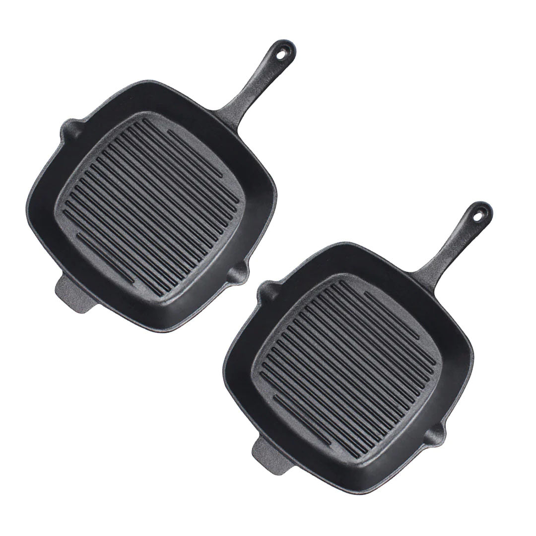 SOGA 2X 26cm Square Ribbed Cast Iron Frying Pan Skillet Steak Sizzle Platter with Handle $ 140.50