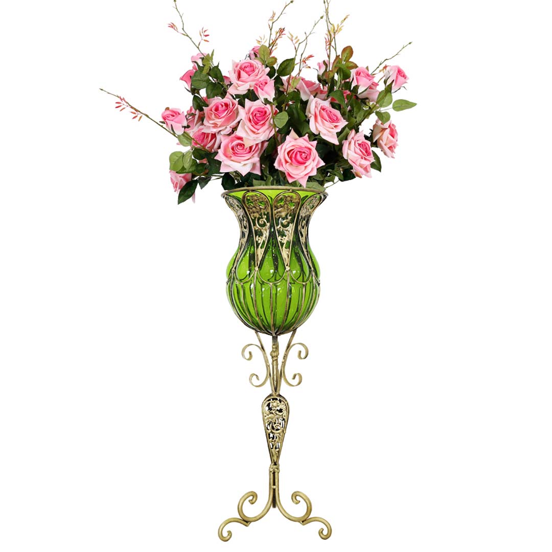 SOGA 85cm Green Glass Tall Floor Vase and 12pcs Pink Artificial Fake Flower Set $ 511.50