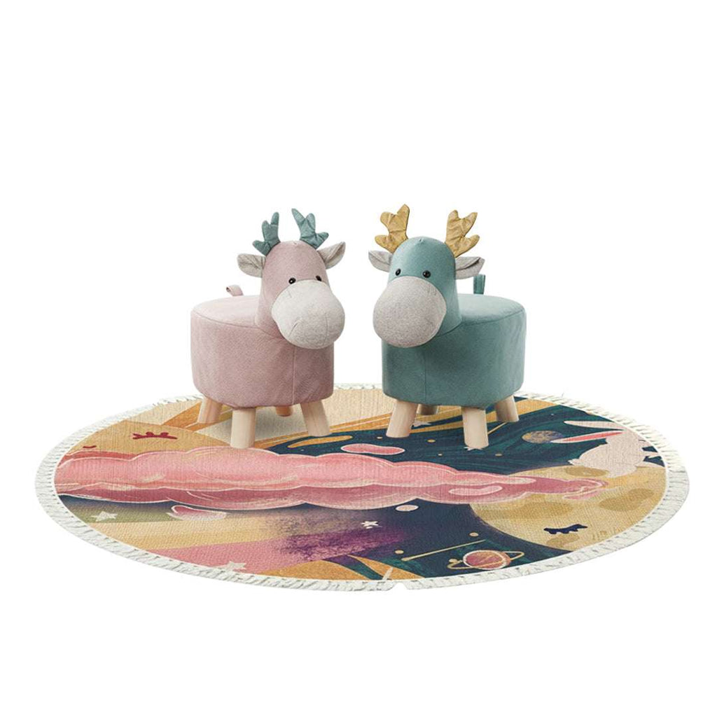 SOGA Home & Living Bundle – Pink & Green Deer Children’s Ottomans & Sky Clouds Round Rug $ 134