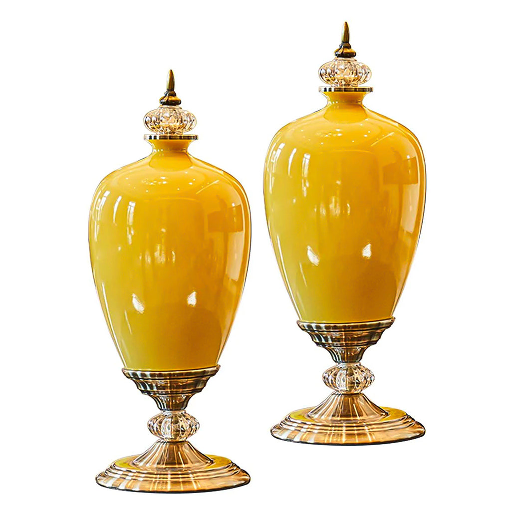 SOGA 2x 42cm Ceramic Oval Flower Vase with Gold Metal Base Yellow