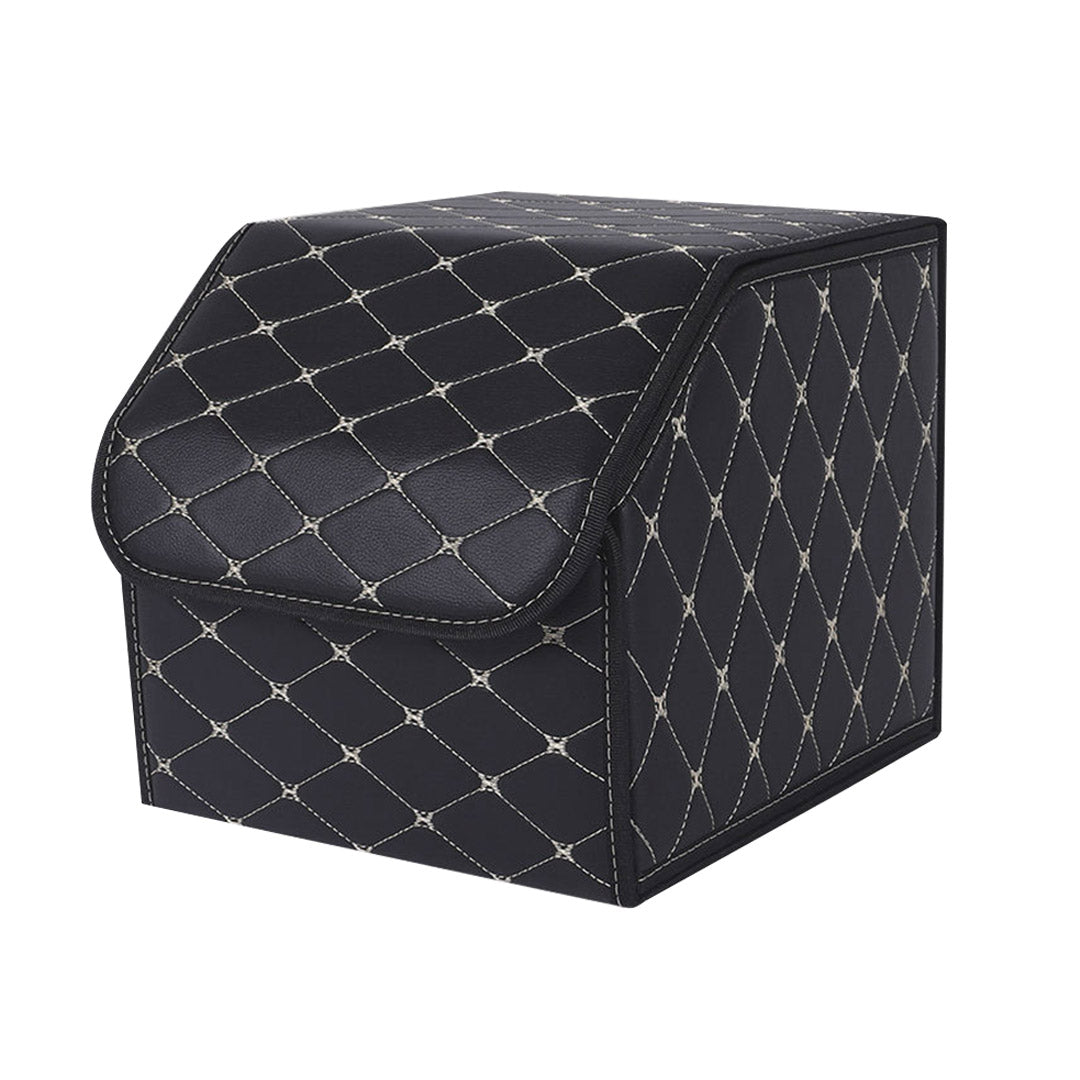 SOGA Leather Car Boot Collapsible Foldable Trunk Cargo Organizer Portable Storage Box Black/Gold Stitch Small $ 38.90