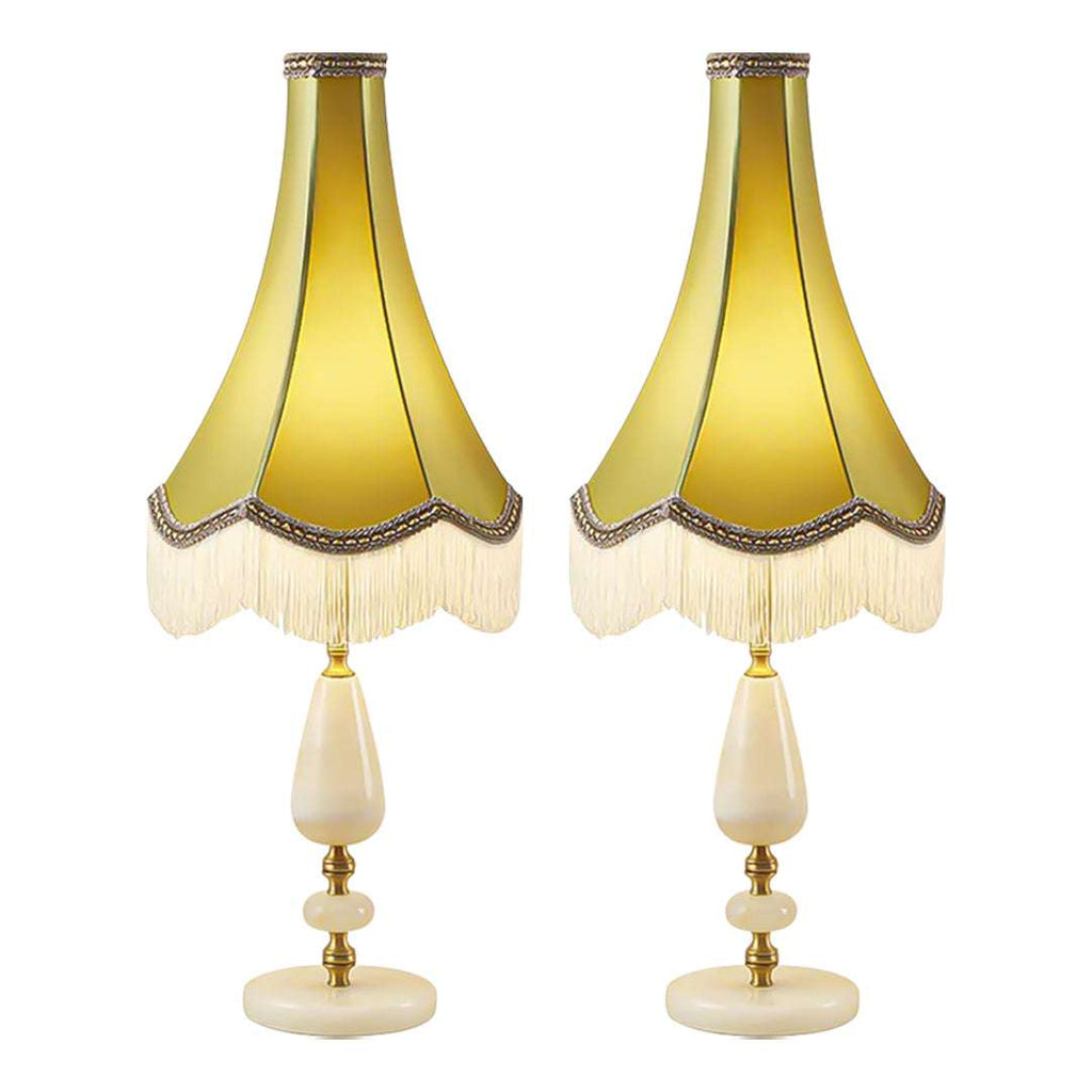 SOGA 2X Jade Stone Base Table Lamp Vintage Yellow Shade Tassel Fringe Bedside Desk Light $ 573