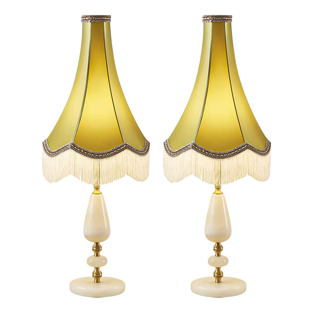 SOGA 2X Jade Stone Base Table Lamp Vintage Yellow Shade Tassel Fringe Bedside Desk Light $ 573
