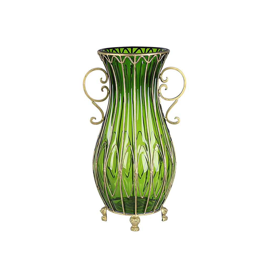SOGA 51cm Green Glass Oval Floor Vase with Metal Flower Stand