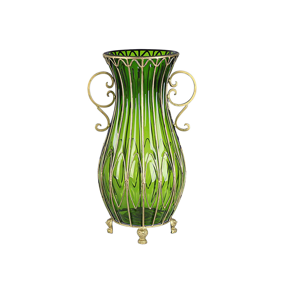 SOGA 51cm Green Glass Oval Floor Vase with Metal Flower Stand