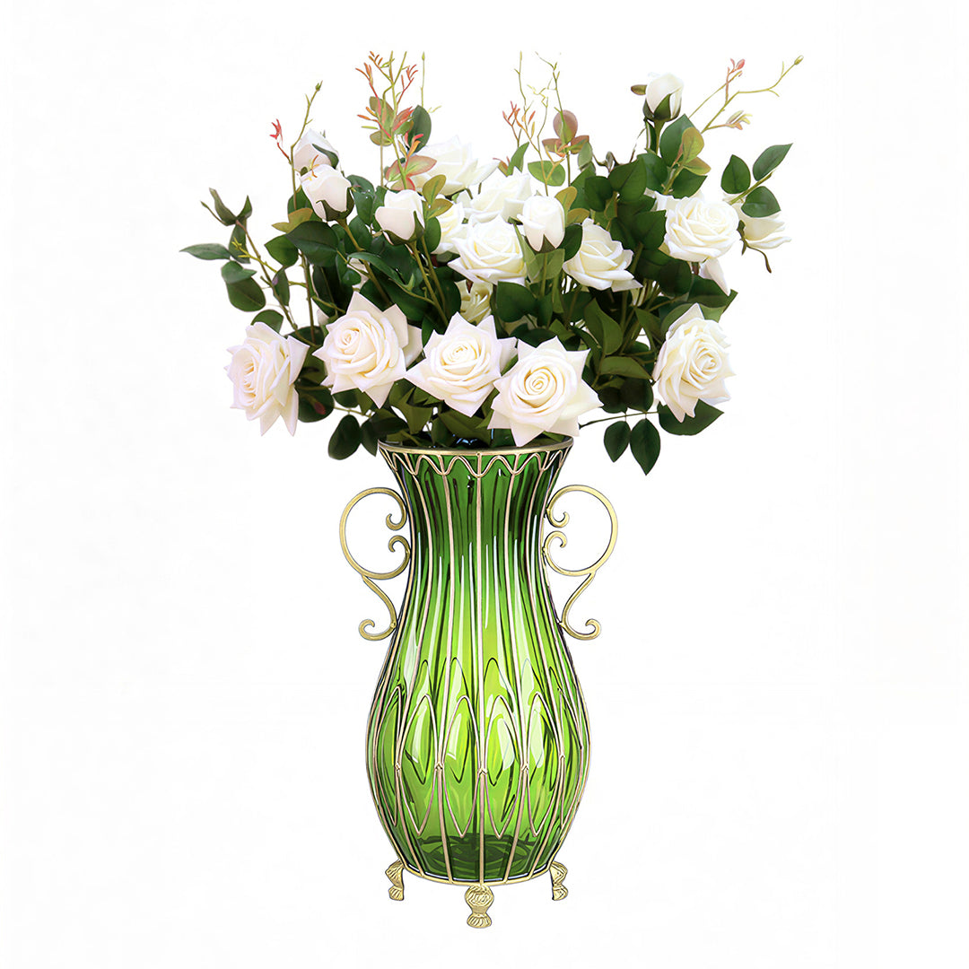 SOGA 51cm Green Glass Tall Floor Vase with 12pcs White Artificial Fake Flower Set