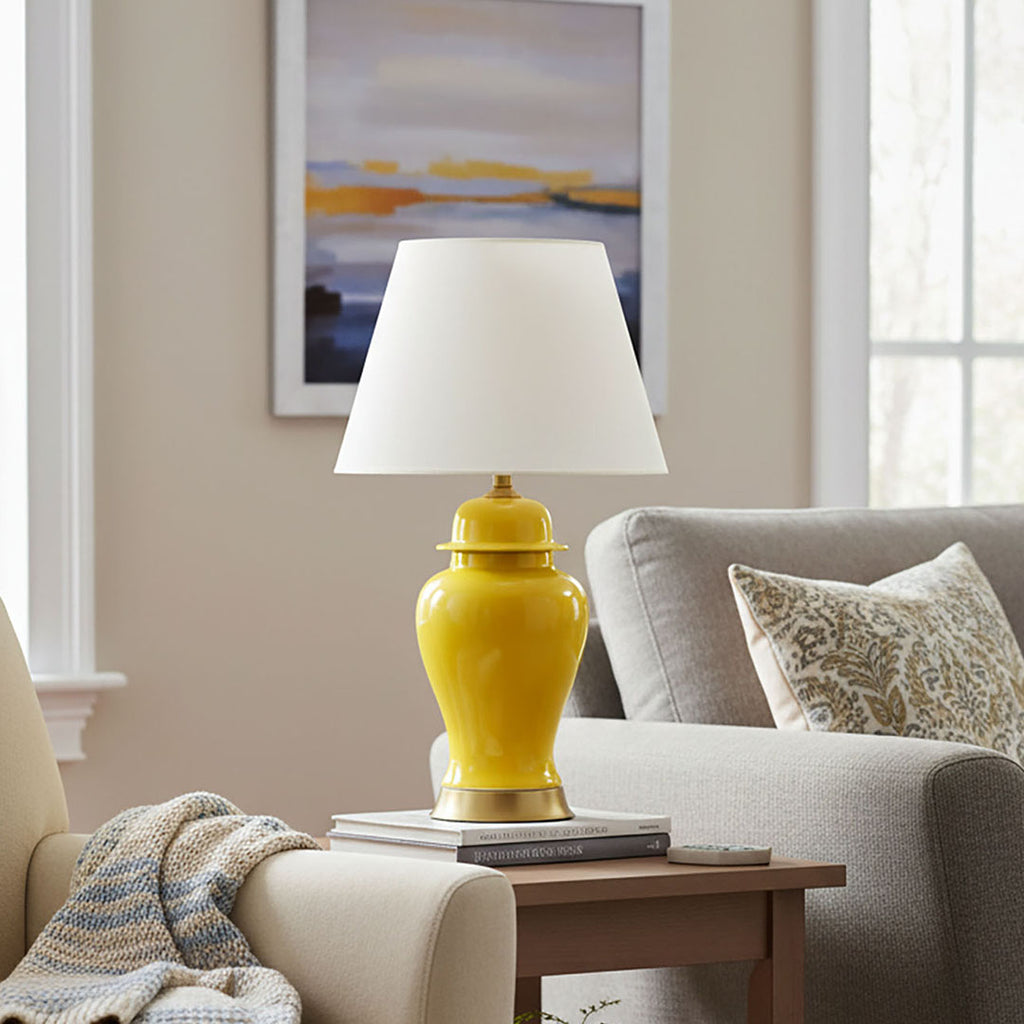 SOGA 2X Oval Ceramic Table Lamp with Gold Metal Base Desk Lamp Yellow