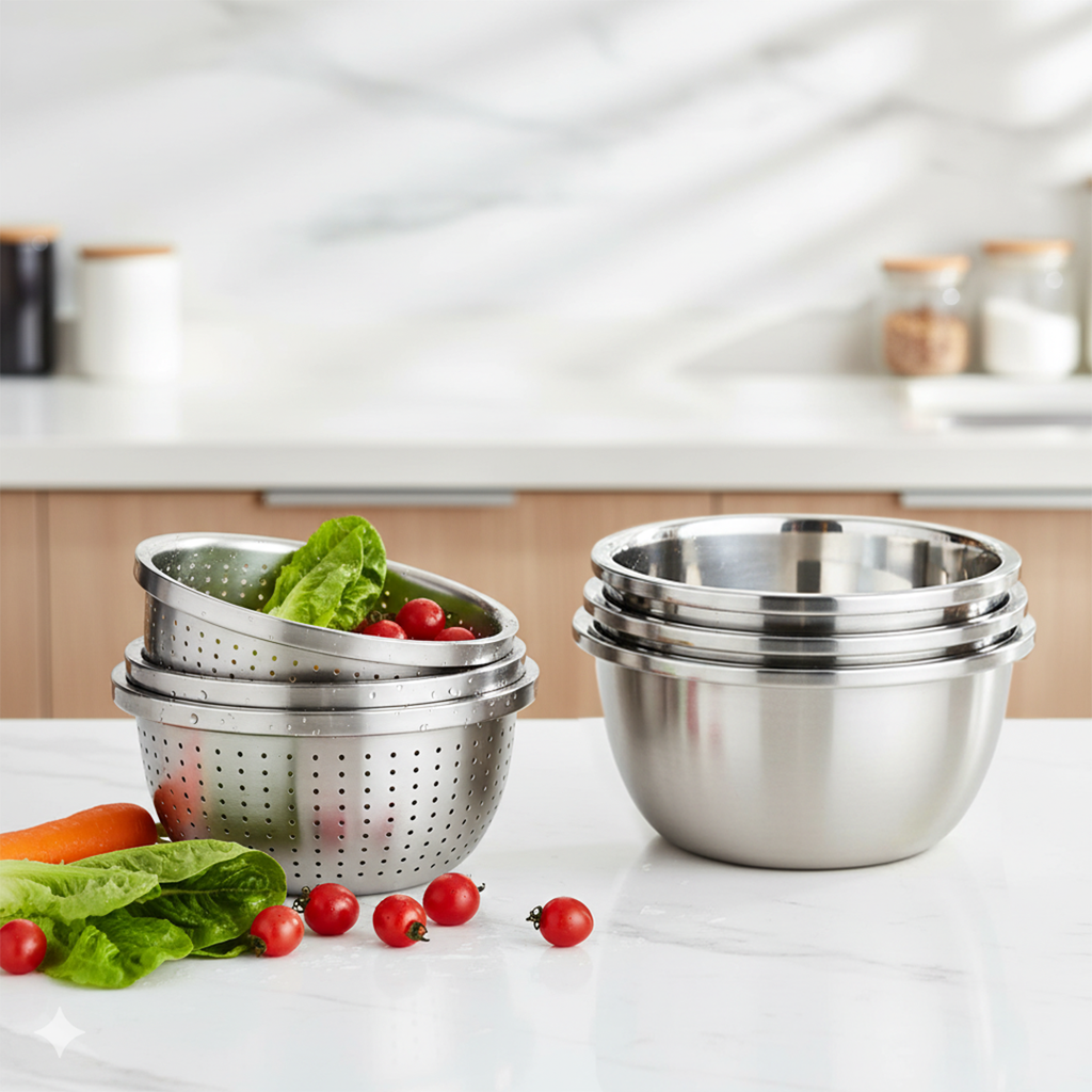 SOGA Kitchenware Bundle – Stainless Steel Nesting Colanders & Deep Stackable Mixing Bowls Set $ 114