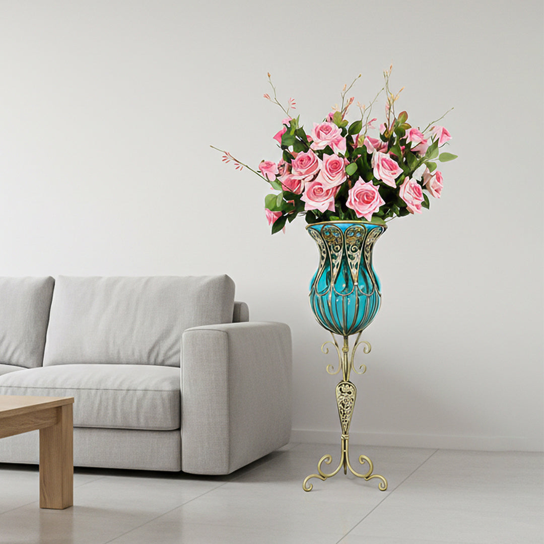 SOGA 85cm Blue Glass Tall Floor Vase and 12pcs Pink Artificial Fake Flower Set