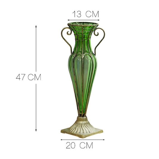 SOGA Green Colored Glass Flower Vase with 8 Bunch 5 Heads Artificial Fake Silk Rose Home Decor Set