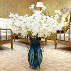 SOGA 51cm Blue Glass Oval Floor Vase with Metal Flower Stand