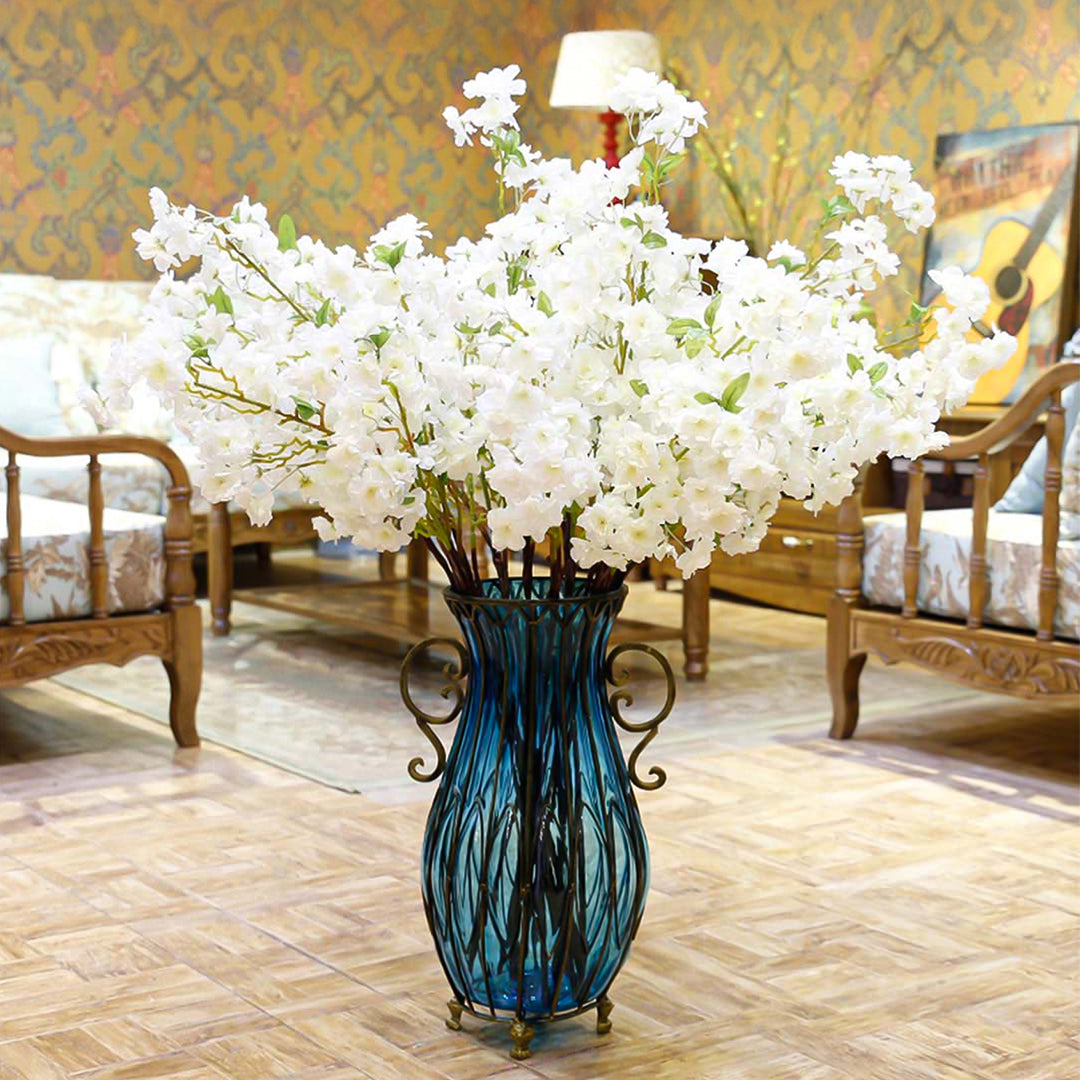 SOGA 51cm Blue Glass Oval Floor Vase with Metal Flower Stand