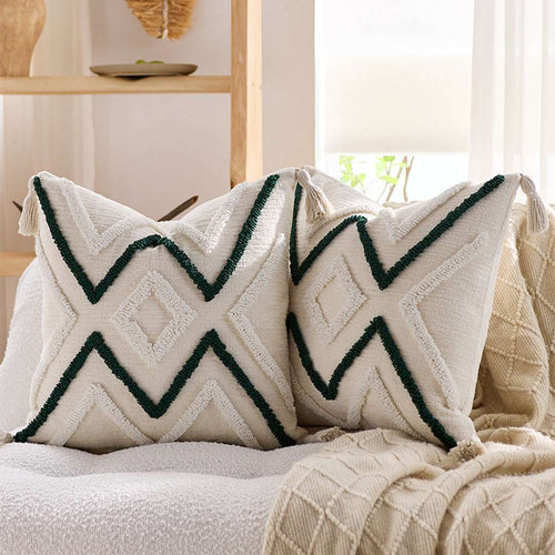 SOGA Boho Tufted Cushion 45cm Tassel Beige Green Geometric Chevron Throw Pillow $ 72