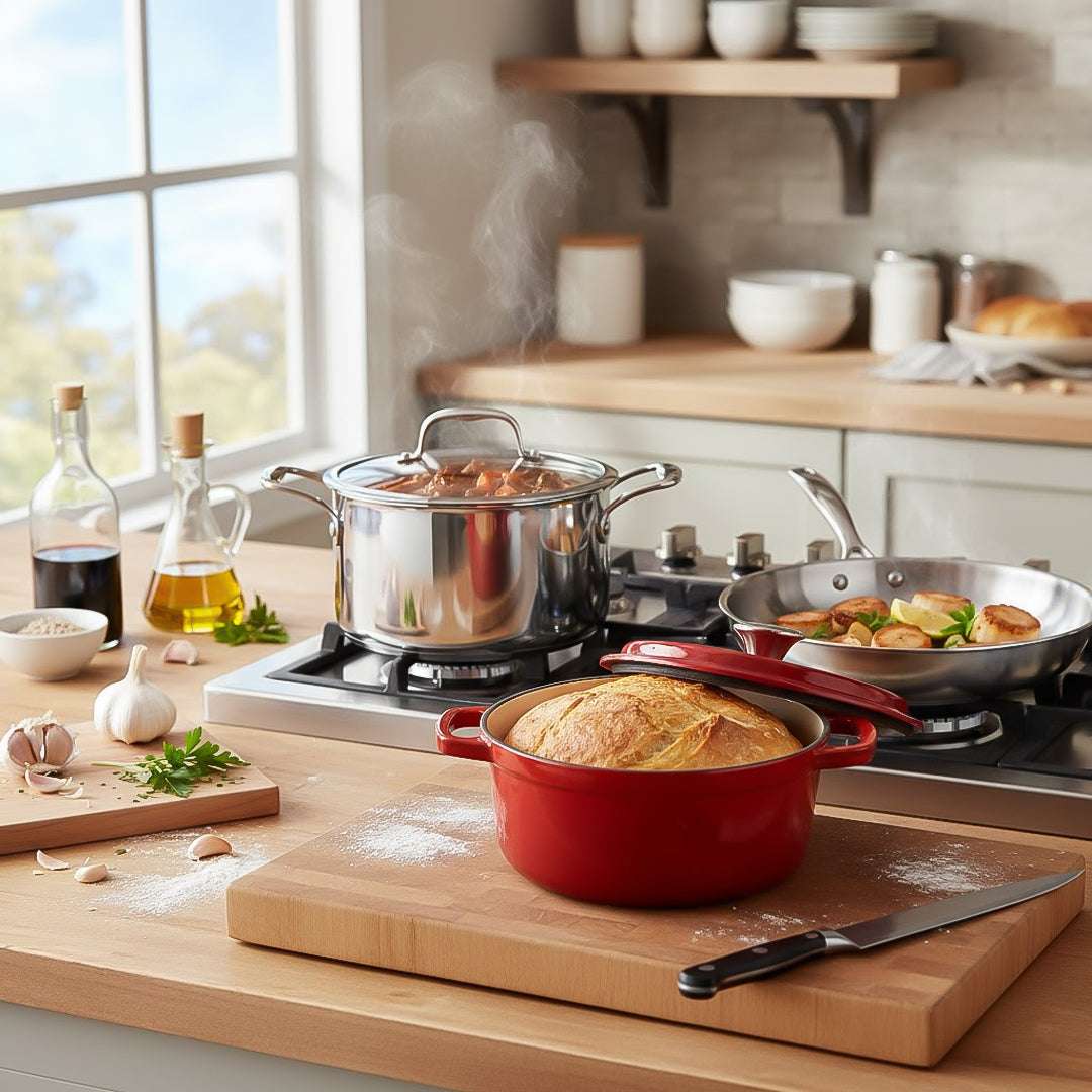 SOGA Kitchenware Bundle – Red Enamel Stewpot, Stainless Steel Fry Pan & Soup Stockpot $ 282