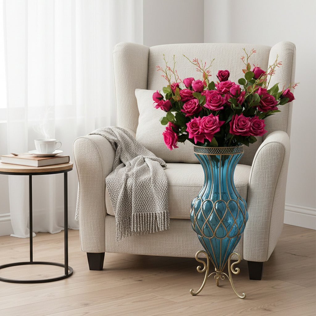 SOGA 67cm Blue Glass Tall Floor Vase and 12pcs Dark Pink Artificial Fake Flower Set