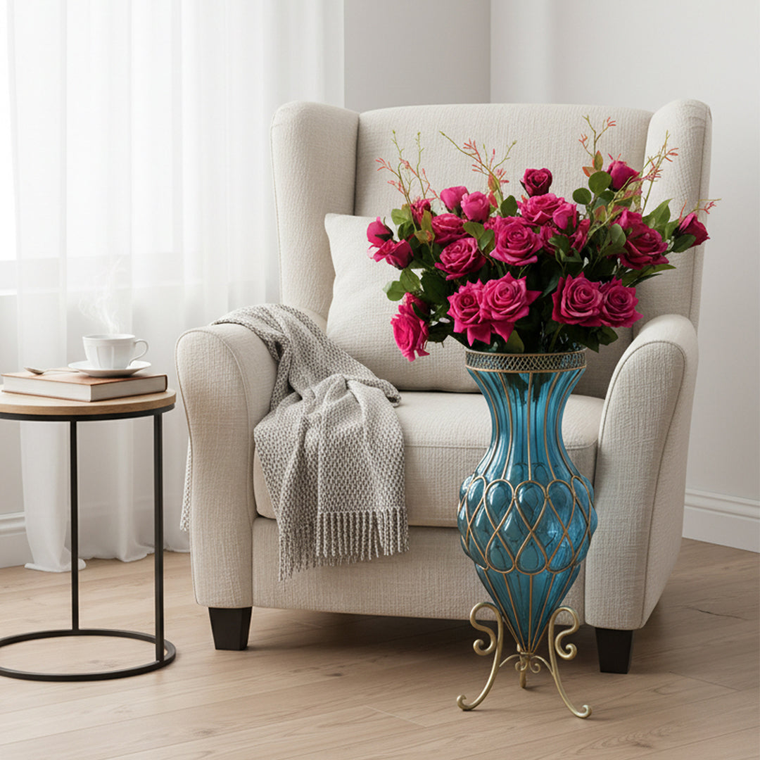 SOGA 67cm Blue Glass Tall Floor Vase and 12pcs Dark Pink Artificial Fake Flower Set