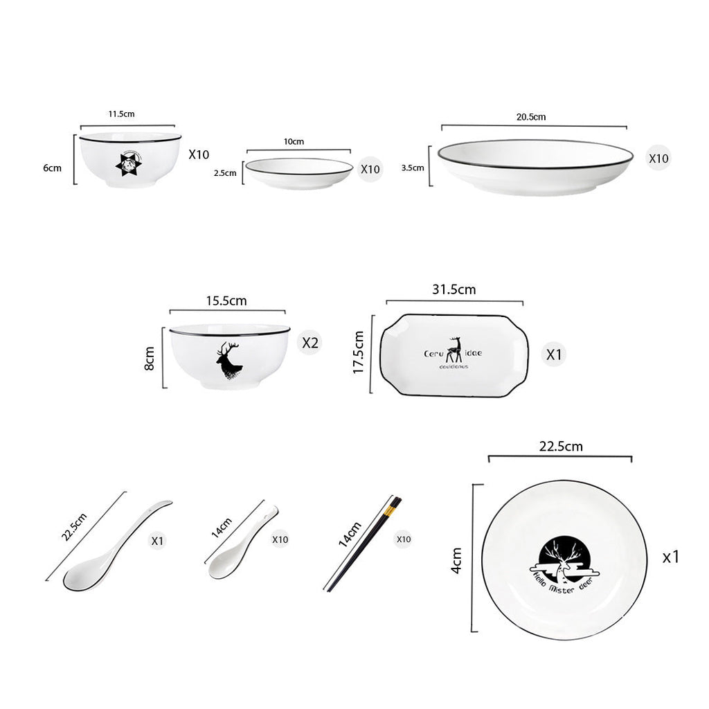 SOGA White Antler Printed Ceramic Dinnerware Set Crockery Soup Bowl Plate Server Kitchen Home Decor Set of 34