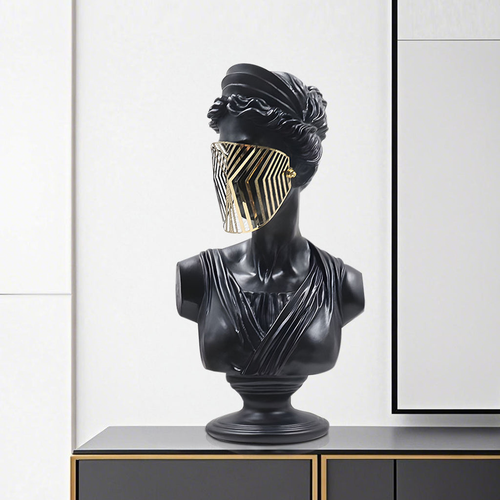 SOGA 40cm Black Resin Bust – Gold Striped Mask Home Sculpture