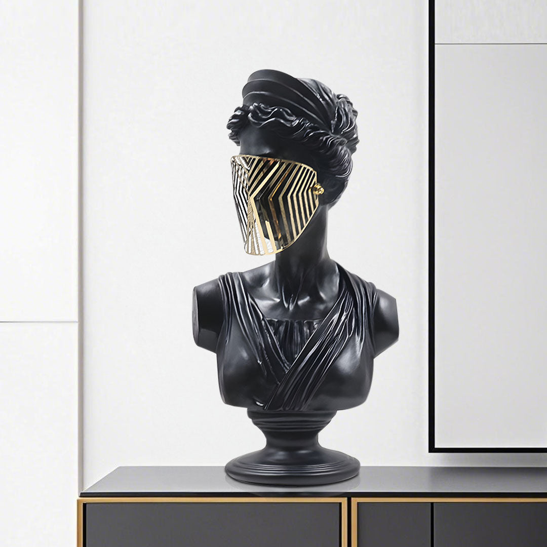 SOGA 40cm Black Resin Bust – Gold Striped Mask Home Sculpture