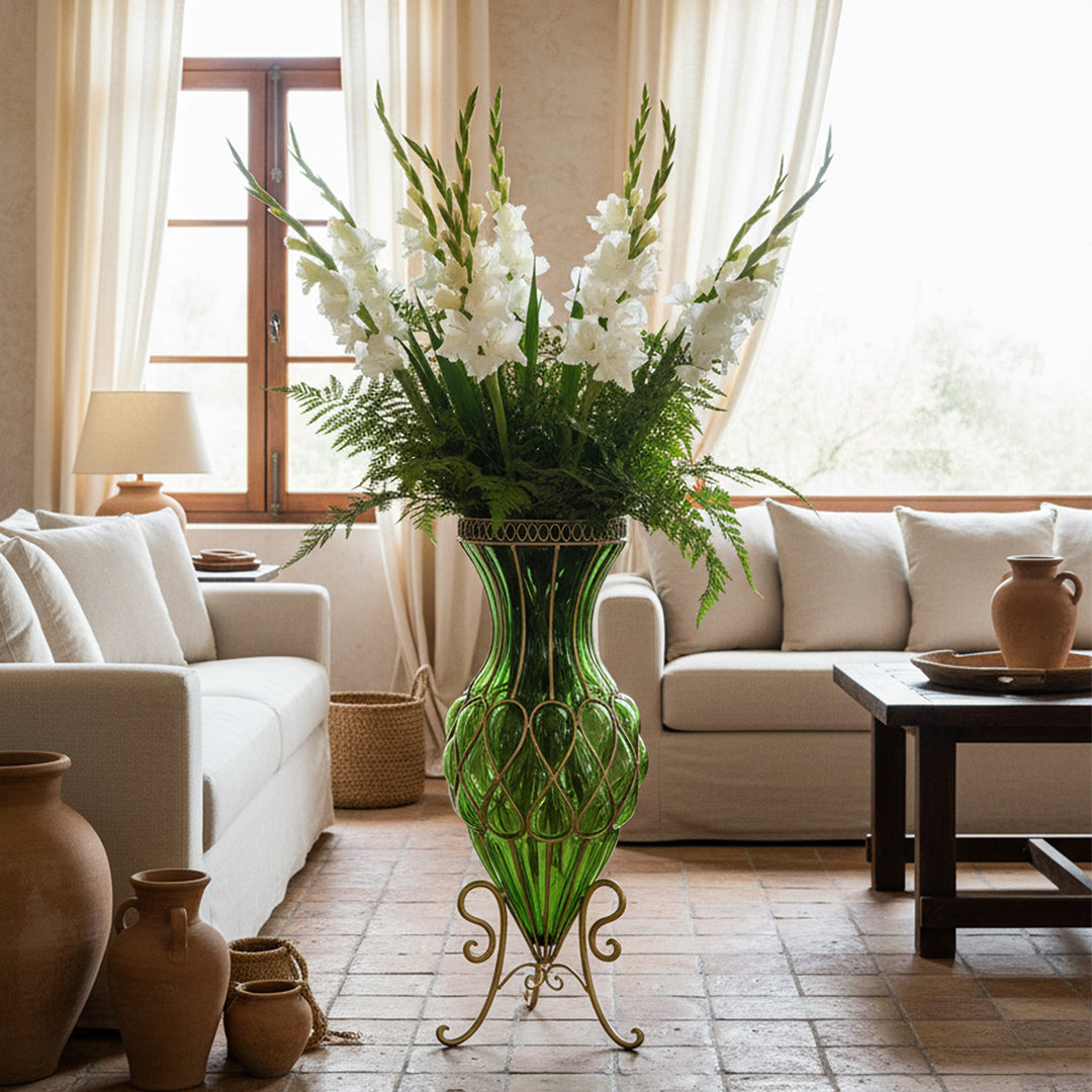 SOGA 67cm Green Glass Tall Floor Vase with Metal Flower Stand