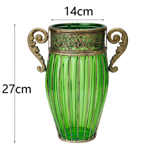 SOGA Green Glass Flower Vase with 8 Bunch 5 Heads Artificial Fake Silk Rose Home Decor Set