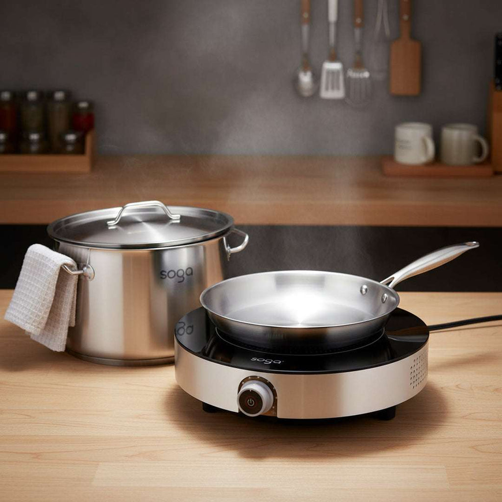 SOGA Kitchenware Bundle – 26cm Smart Induction Cooktop, Stainless Fry Pan & 9L Stock Pot $ 309