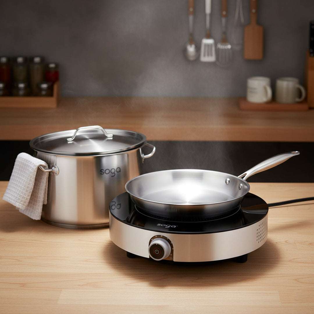 SOGA Kitchenware Bundle – 26cm Smart Induction Cooktop, Stainless Fry Pan & 9L Stock Pot $ 309