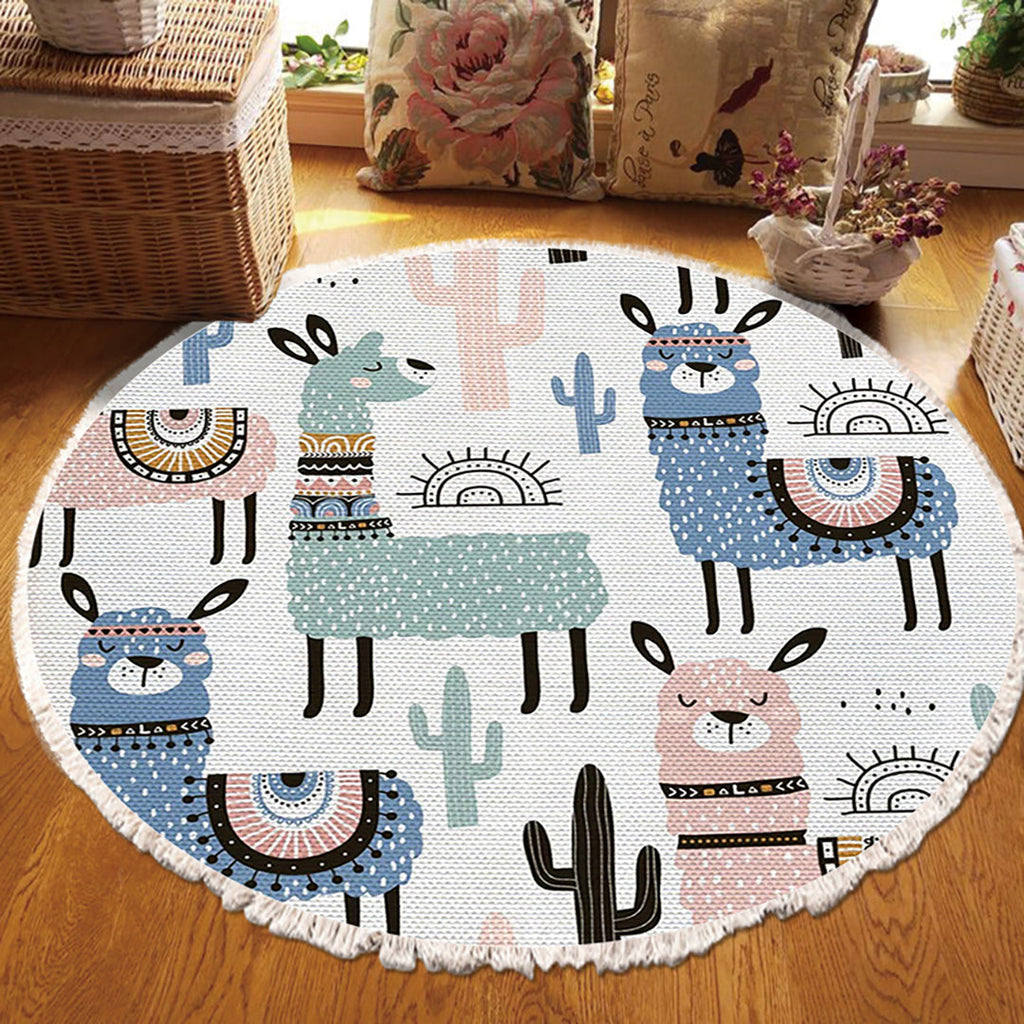 SOGA 2X 120cm Alpaca Cactus Pattern Rug Desert Animals Non-Slip Round Area Rugs for Living Room Dining Room
