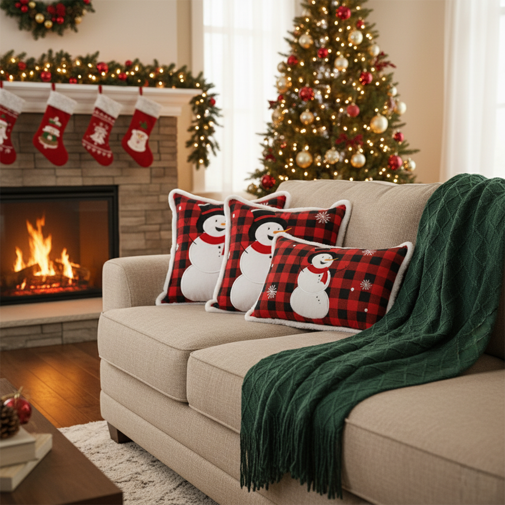 SOGA Christmas Bundle – Red Snowman Pillows & Green Diamond Knitted Throw Blanket $ 218