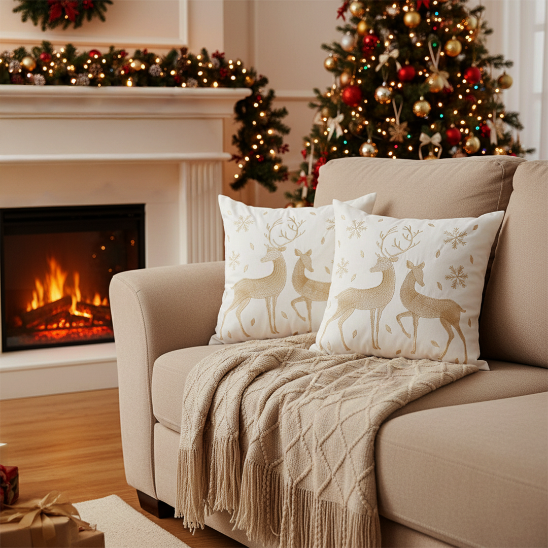 SOGA Christmas Bundle – 2 White Gold Reindeer Throw Pillows & Beige Diamond Throw Blanket $ 157