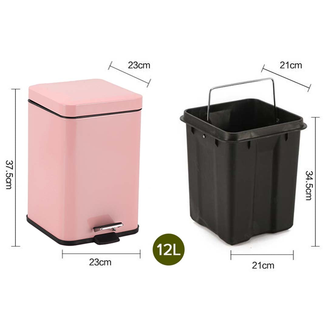 SOGA Foot Pedal Stainless Steel Rubbish Recycling Garbage Waste Trash Bin Square 12L Pink