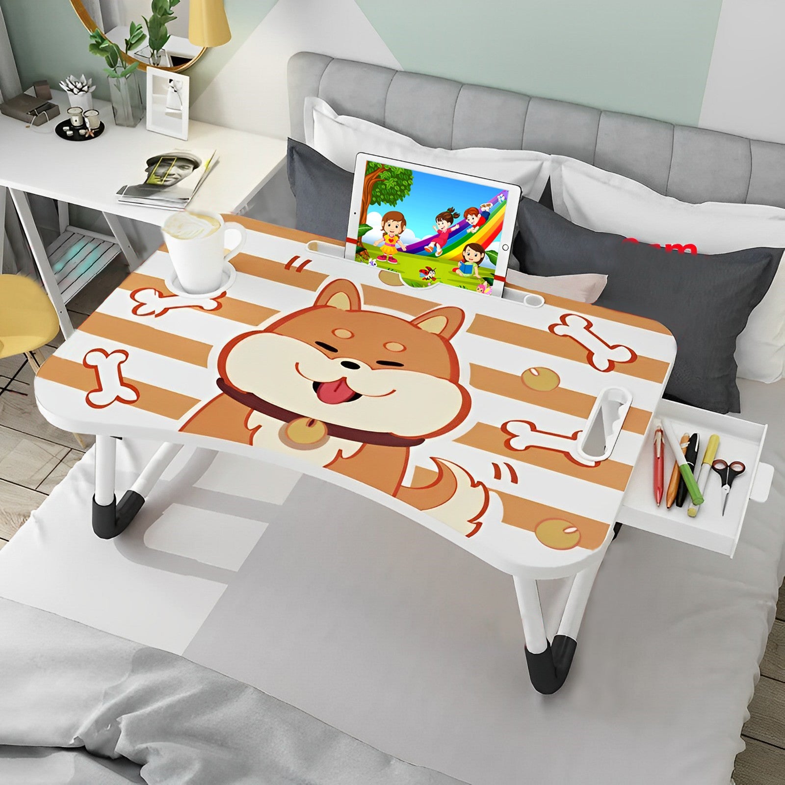 SOGA Cute Dog Design Portable Bed Table Adjustable Foldable Bed Sofa Study Table Laptop Mini Desk with Drawer and Cup Slot Home Decor