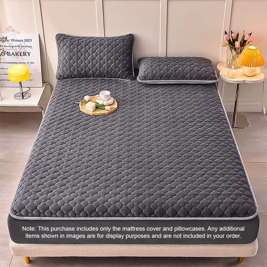 SOGA 2X Grey 153cm Wide Mattress Cover Thick Quilted Fleece Stretchable Clover Design Bed Spread Sheet Protector with Pillow Covers