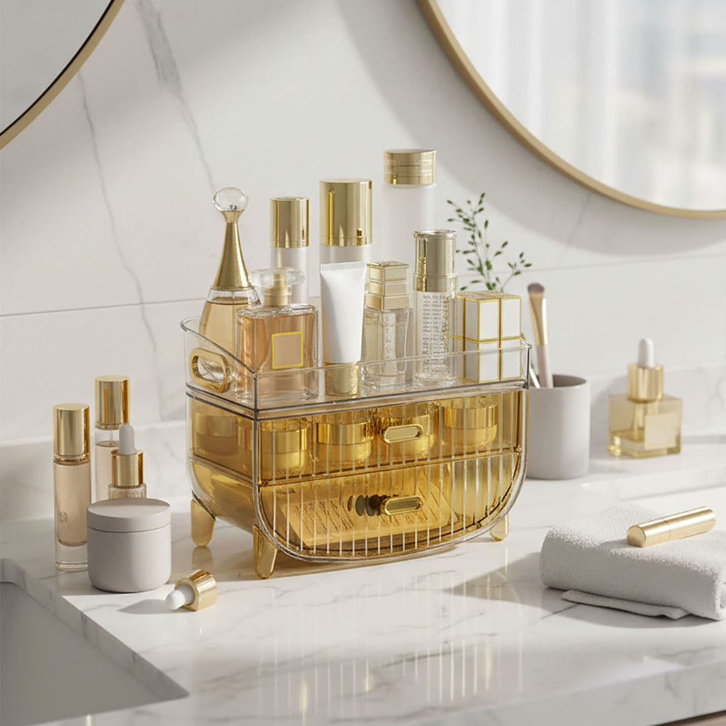 SOGA 2X 3 Tier Golden Yellow Multifunctional Countertop Cosmetic Storage Makeup Skincare Holder Jewelry Cabinet Bathroom Desk Drawer Vanity Organiser