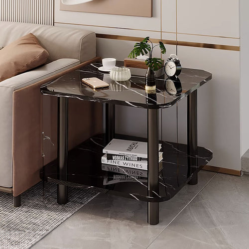 SOGA 70cm Black Ceramic Side Table Stone Pattern Modern Design with Black Legs