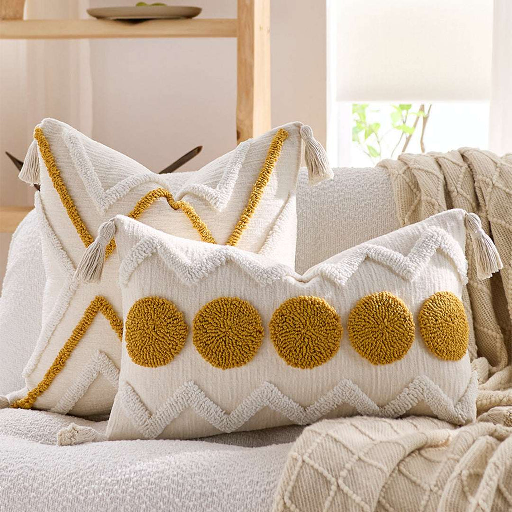 SOGA 30cm Cream Yellow Circle Pom Chevron Tassel Decorative Pillow $ 72