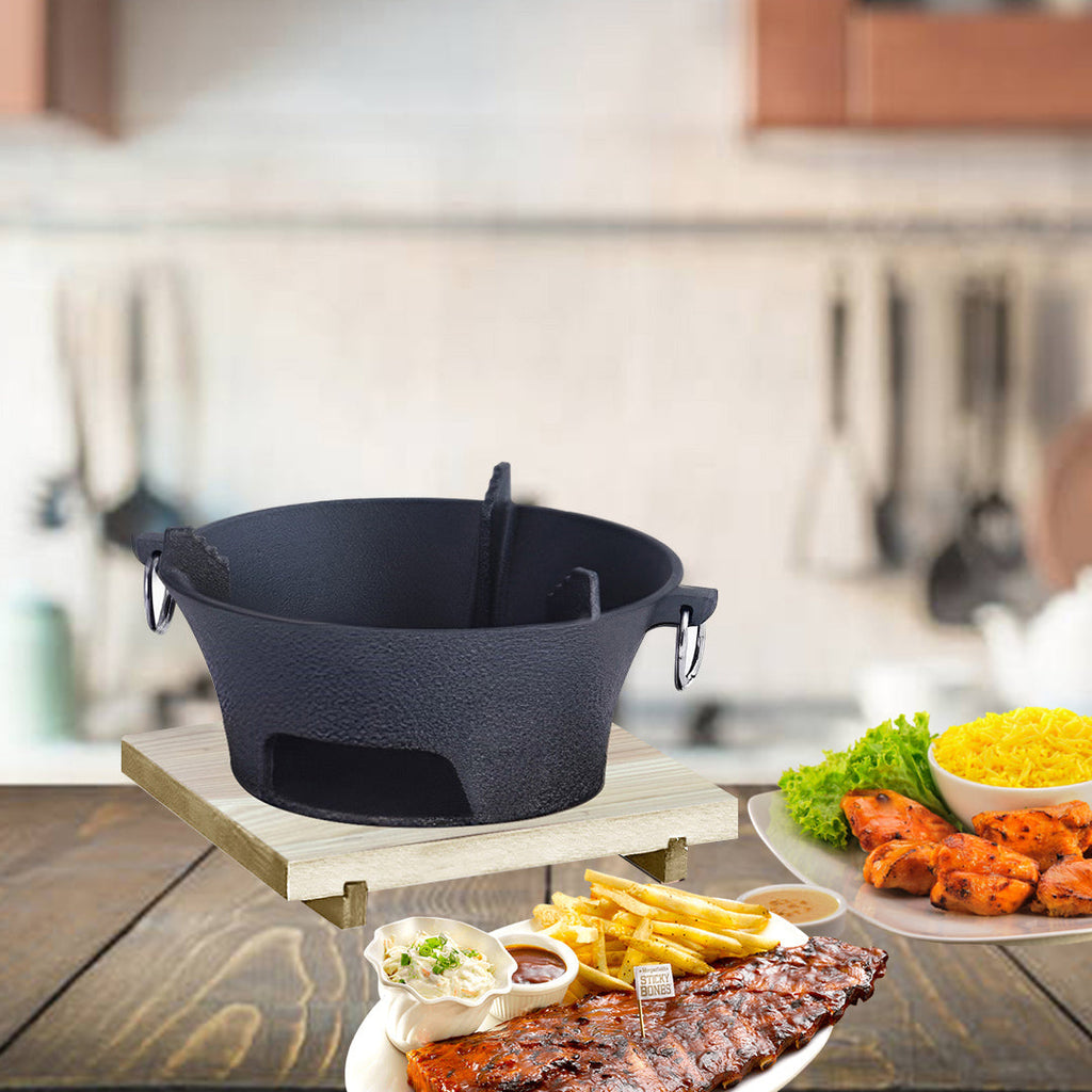 SOGA Large Cast Iron Round Stove Charcoal Table Net Grill Japanese Style BBQ Picnic Camping with Wooden Board