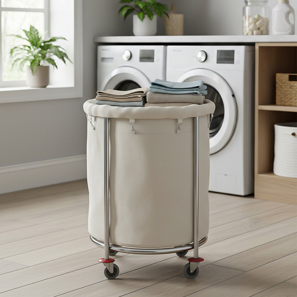 SOGA 2X Stainless Steel Commercial Round Soiled Linen Laundry Trolley Cart with Wheels White