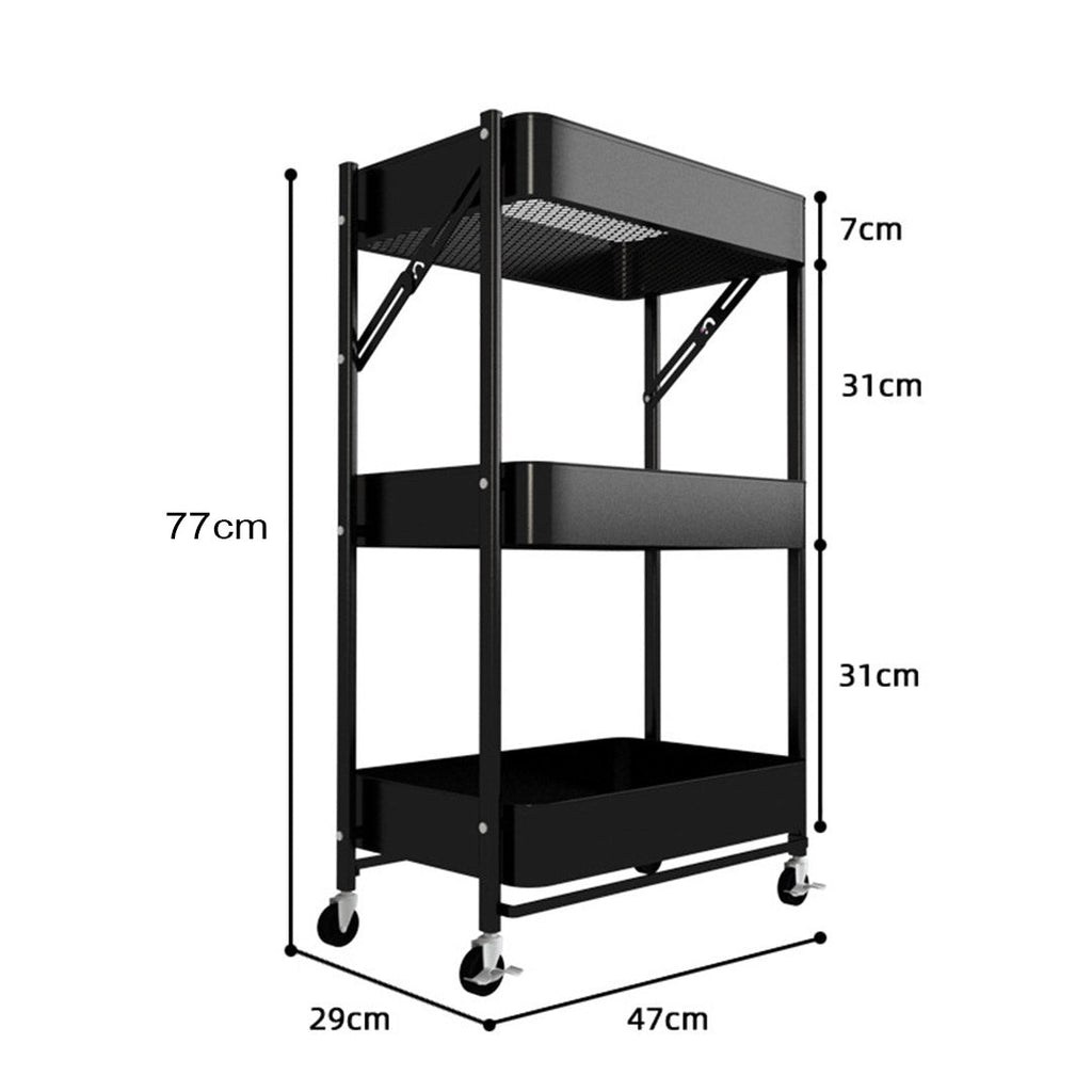 SOGA 2X 3 Tier Steel Black Foldable Kitchen Cart Multi-Functional Shelves Storage Organizer with Wheels